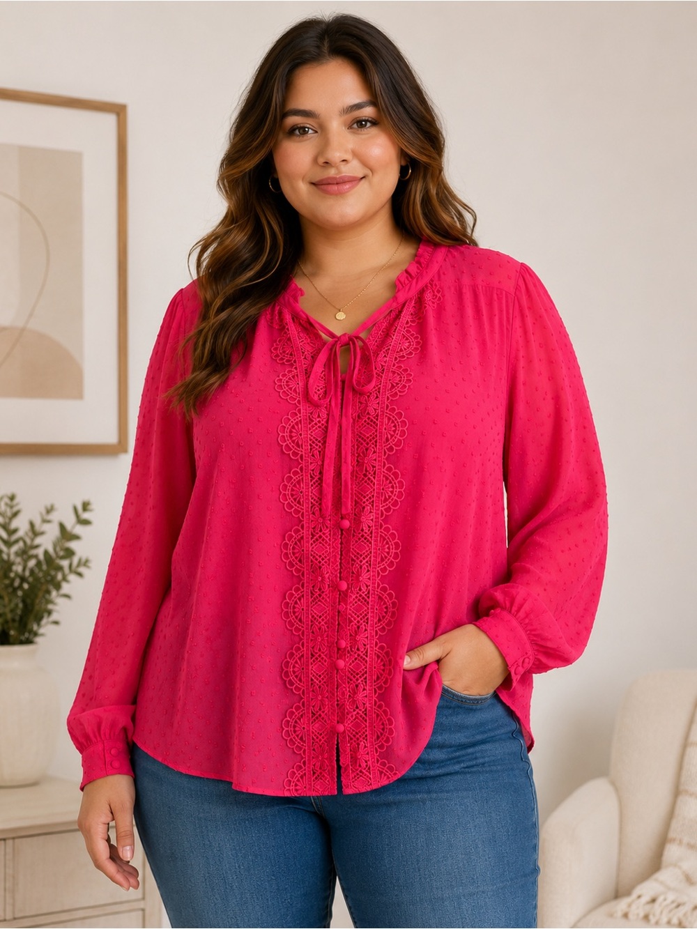 Torrid Size 2 Pink Swiss Dot Lace Button Front Blouse Long Sleeve Plus Top